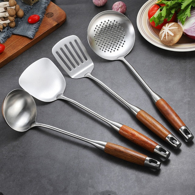 Transform Your Cooking Experience with Our 304 Stainless Steel Huali Wooden Spoon Kitchen Utensils
